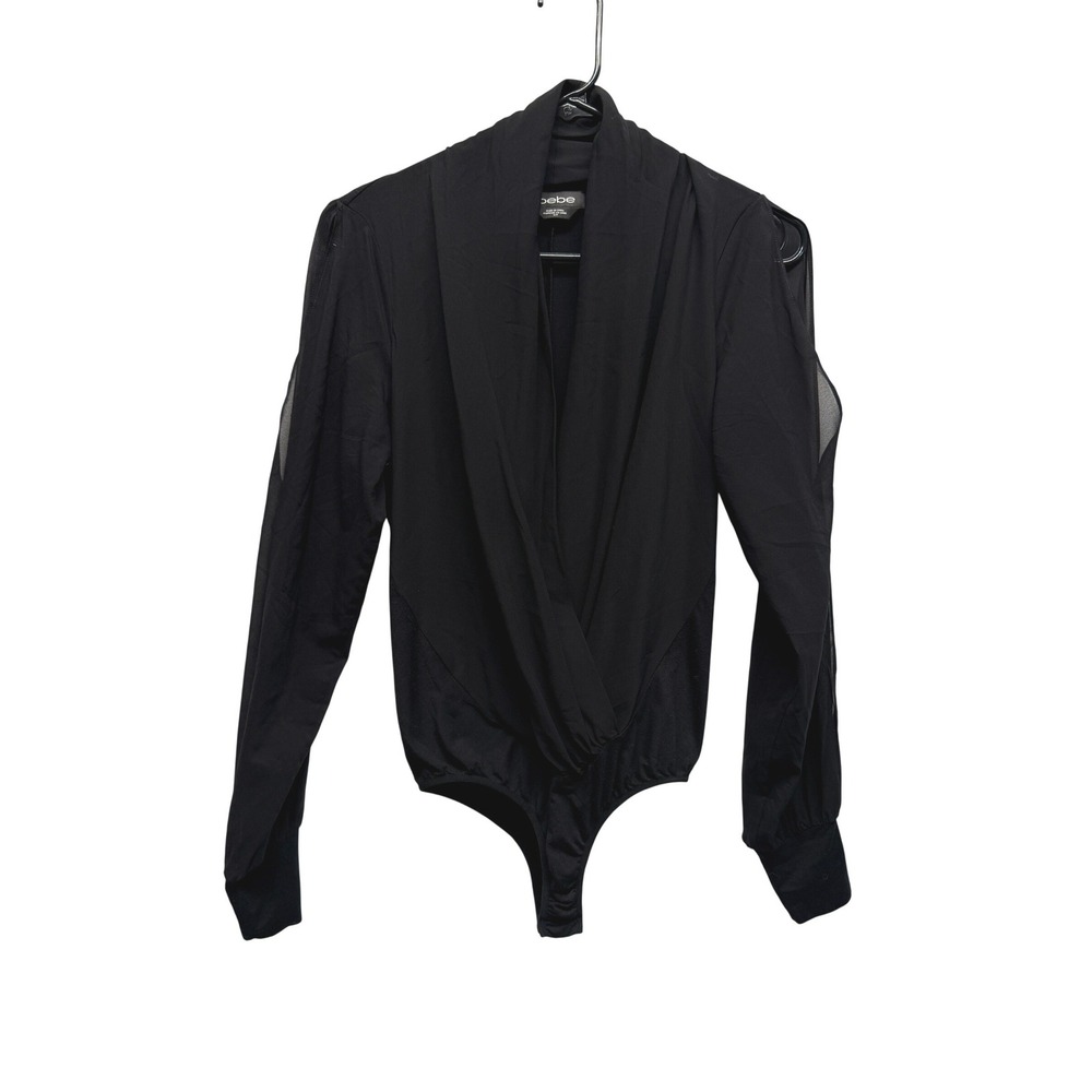 Bebe Black Silk Blend Cold Shoulder Surplice Bodysuit Long Sleeve Small Plunge